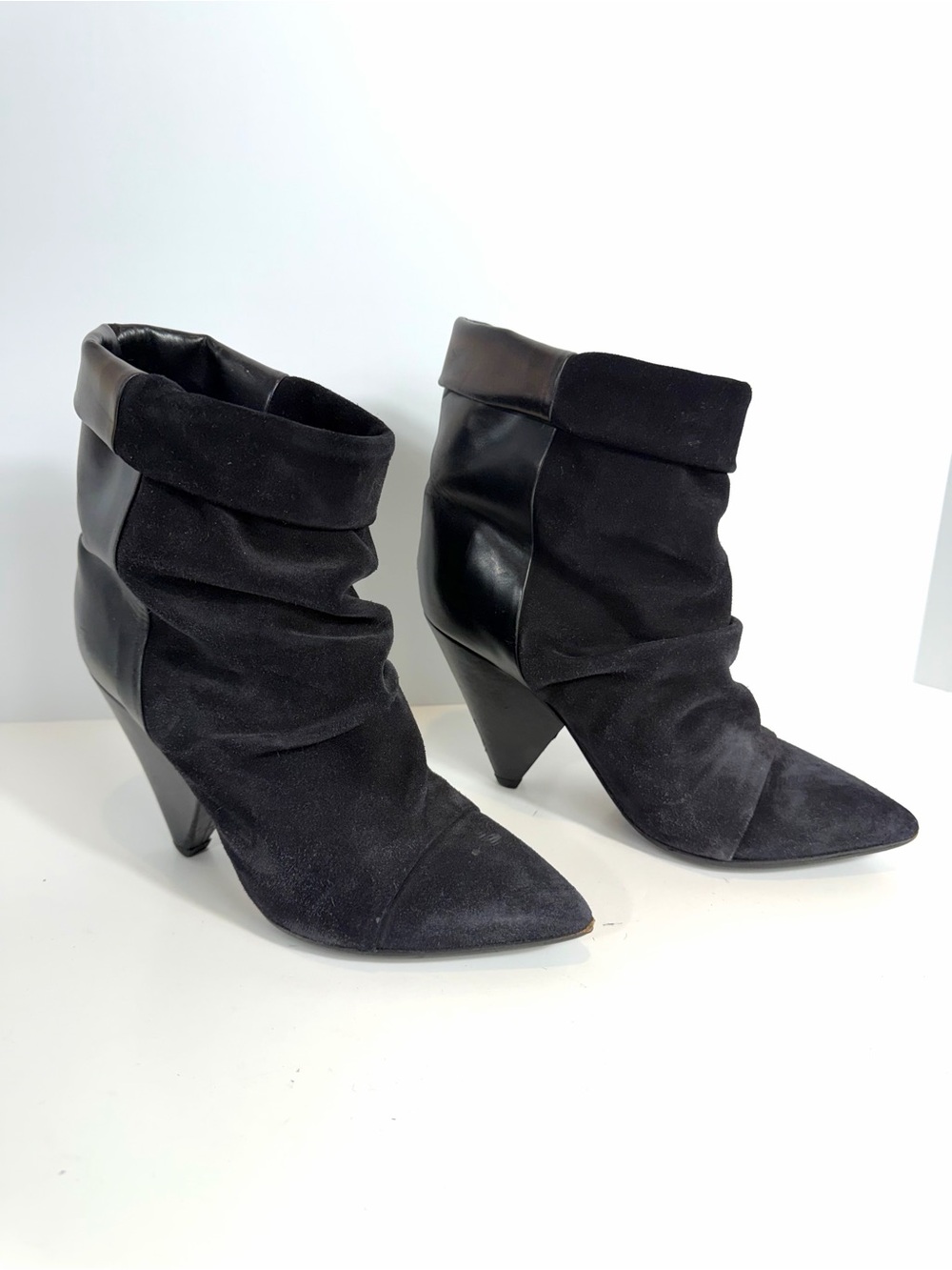 Isabel Marant Black Suede Leather Cone Heel Slouch Ankle Boots EU 36 / US 6